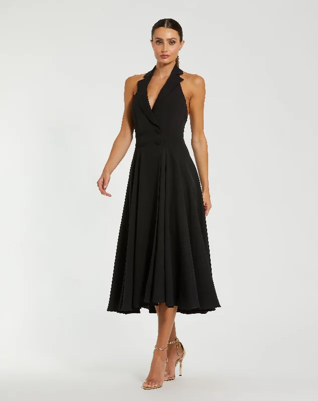 Weekend Special Black Crepe Sleeveless Blazer Halter Midi Dress
