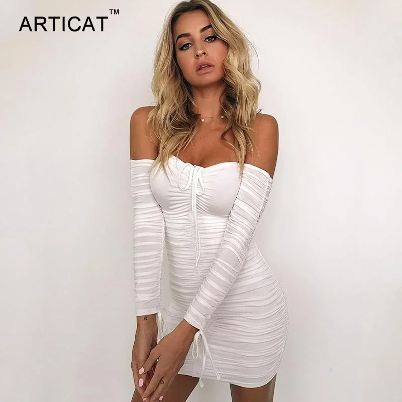 Exclusive Savings Women Autumn Winter Bandage Dress Sexy Off Shoulder Long Sleeve Slim Elastic Bodycon Party Dresse