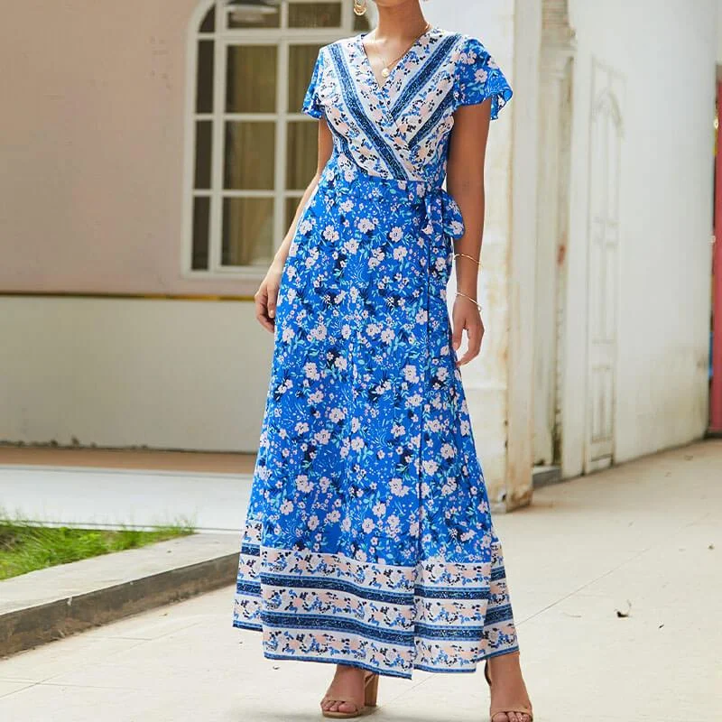 Deal Zone Boho Style Floral Long Wrap Dress