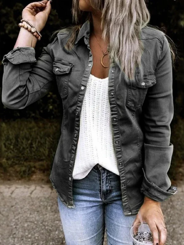 Special Offer Double Take Full Size Snap Down Long Sleeve Shacket