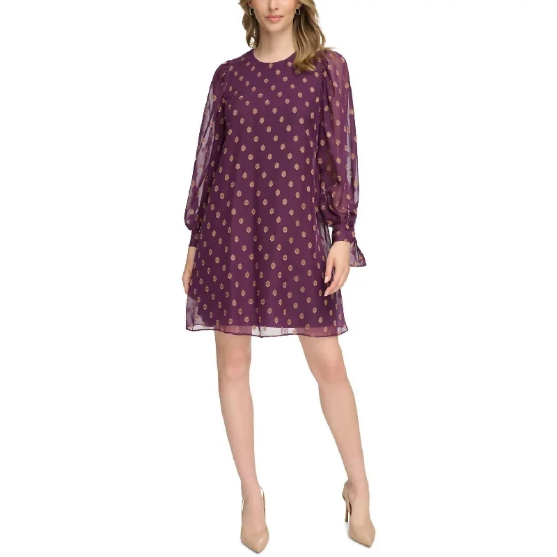 Price Drop Long Sleeve Mini Dress In Aubergine, Gold