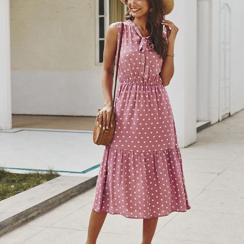 Exclusive Offers Retro Polka Dots Empire Waist Sleeveless Midi Dress