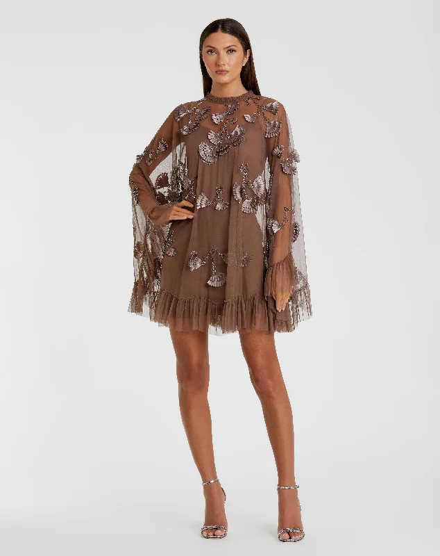 Exclusive Preview Chocolate Embellished Long Flare Sleeve Mesh A-Line Dress