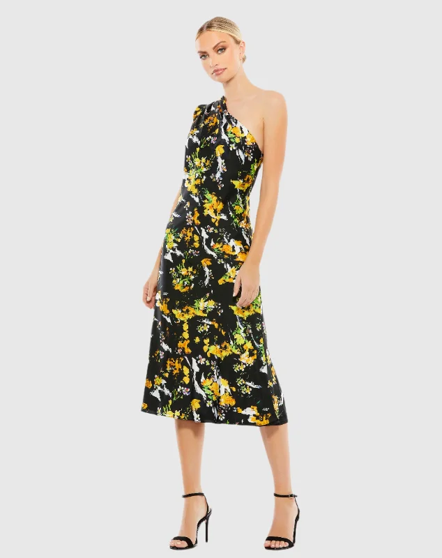 Price Rollback Floral Print Draped One Shoulder Midi Dress - FINAL SALE