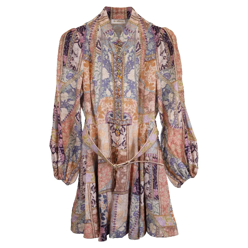 Sale Event Zimmerman Mini Kaleidoscope Printed Embellished Long Sleeve Dress in Multicolor Linen