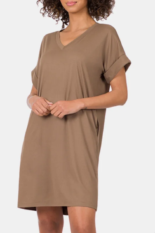 Crazy Savings Rolled Short Sleeve V-Neck Dress