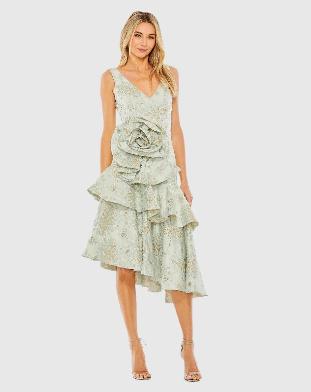 Final Clearance Rose Detail Asymmetrical Brocade Dress