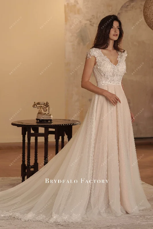Blowout Sale Boho Cap Sleeve Beaded Flower Aline Wedding Dress