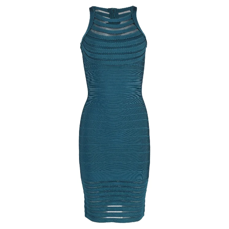 Final Markdown Herve Leger Emely Halter Neck Bandage Dress in Teal Rayon