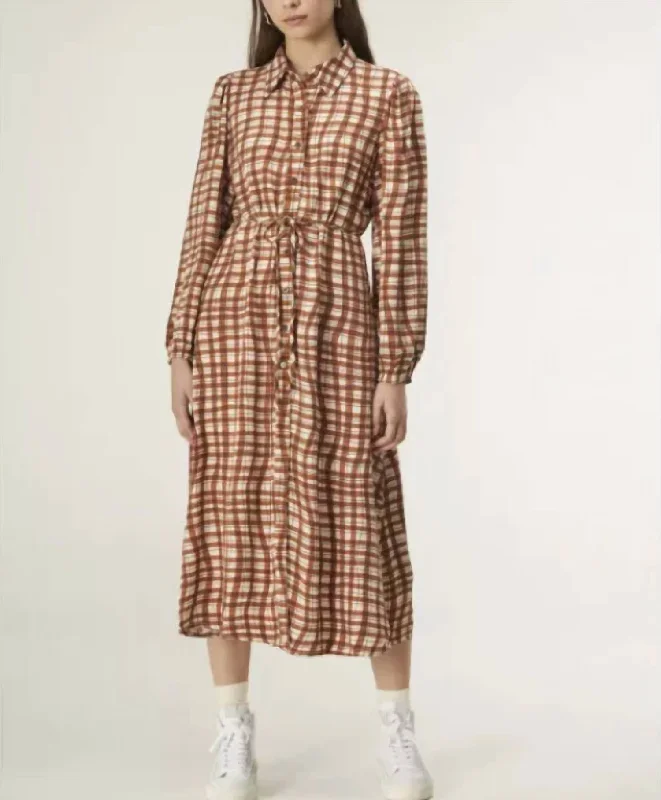 Grand Opening Sale Gingham Print Midi Dress In Brown