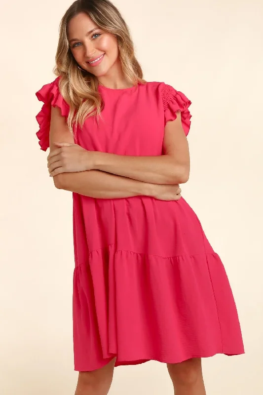 Buy Now Full Size Smocking Ruffle Short Sleeve Dress with Pockets