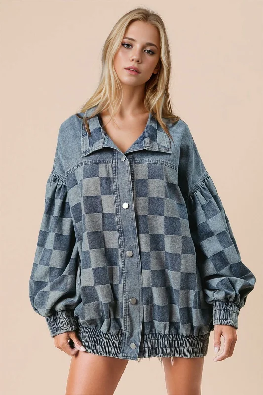 Early Access Double Take Checkered Button Up Denim Jacket