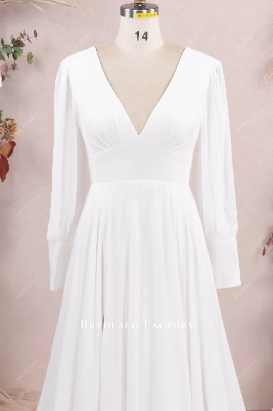 Deal Explosion Boho Bishop Sleeve Flowing Chiffon Slit Wedding Dress
