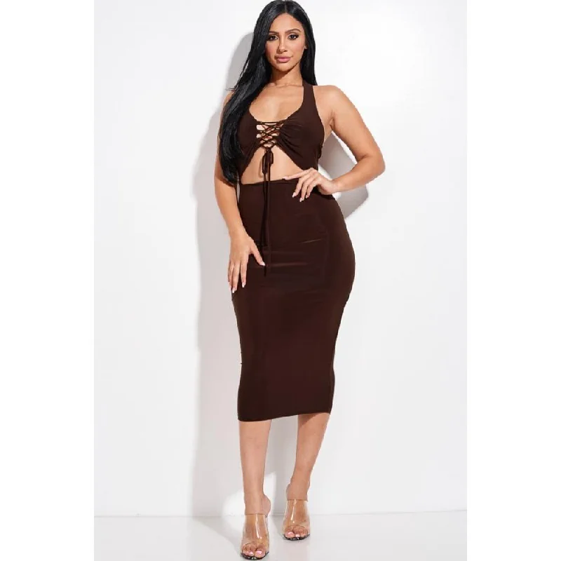 Price Drop Solid Halter Neck Midi Dress With Criss Cross Front And Cutout