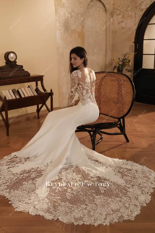 Loyalty Reward Elegant Long Cutout Lace Train Crepe Mermaid Wedding Dress