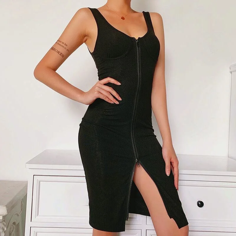 Discount Days Two Way Zipper Ribbed Sleeveless Bodycon Dress