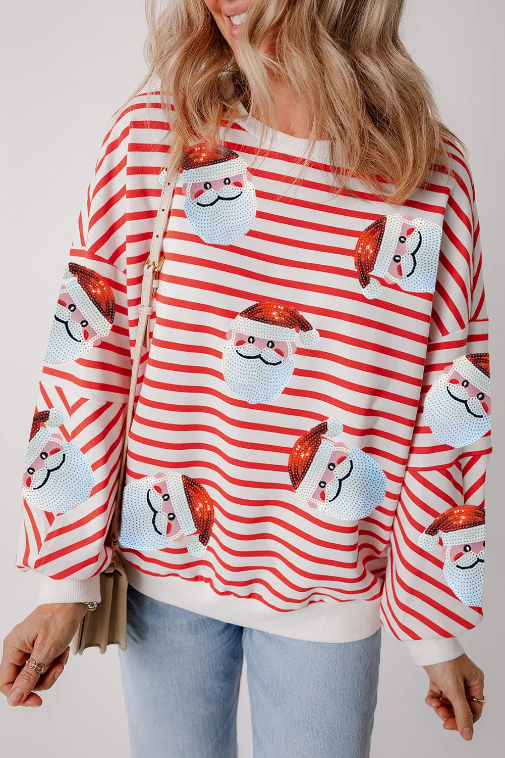 Price Cut Sequin Santa Striped Round Neck Long Sleeve Sweatshirt