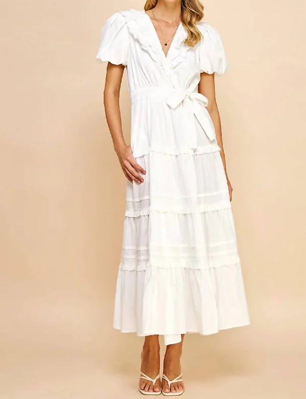 Big Discounts Short Sleeve Ruffle Tiered Maxi Wrap Dress In White