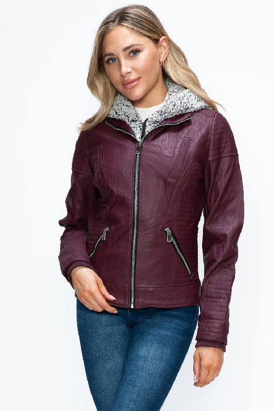 Today's Special YMI Faux Layered Double-Zipper Jacket with Fuzzy Hood In Wine