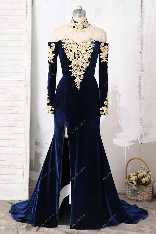 Customer Appreciation Sale Navy Velvet Gold Lace Choker Mermaid Prom Dress