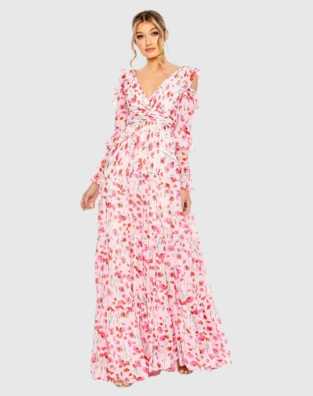 Midnight Sale Ruffle Sleeve Floral Print Gown
