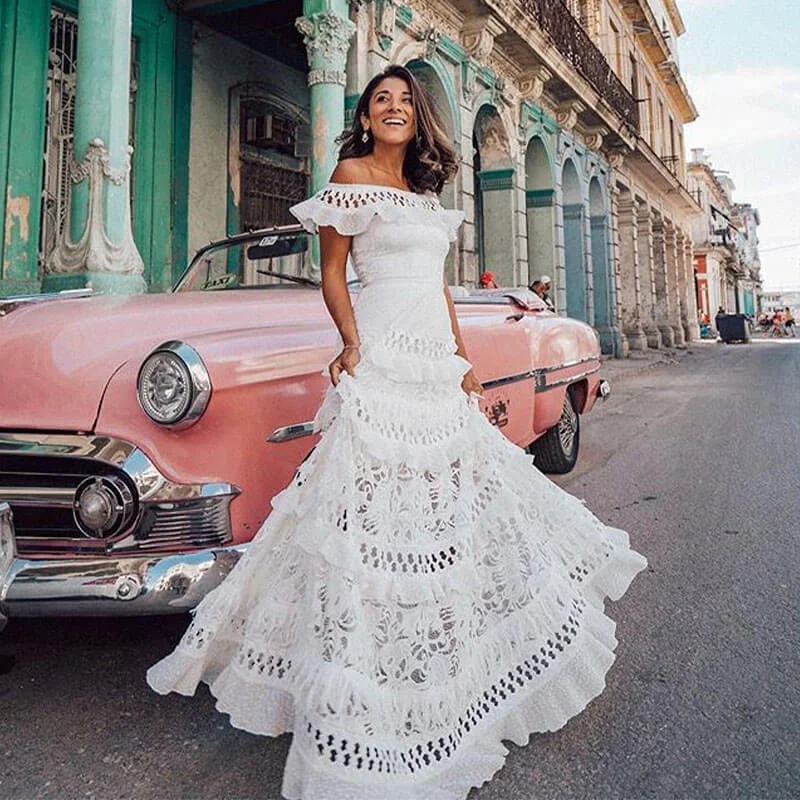 Super Savings Off Shoulder Large Hem Lace Long Dress