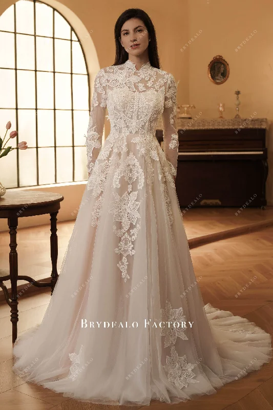 Savings Galore Retro Boho Lace Sleeved High Neck Wedding Dress