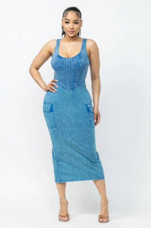 Markdowns Acid Washed Cargo Midi Dress