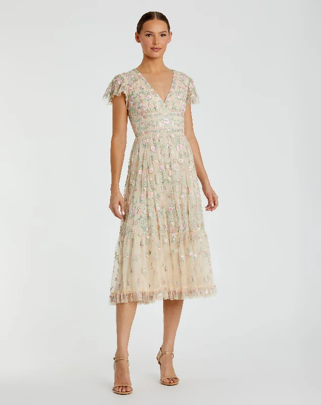 Markdown Madness Beige Multicolor Embroidered V Neck Cap Sleeve Midi Dress