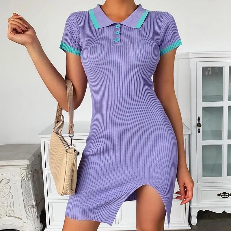 Price Buster Polo Neck Slits Ribbed Bodycon Short Dress