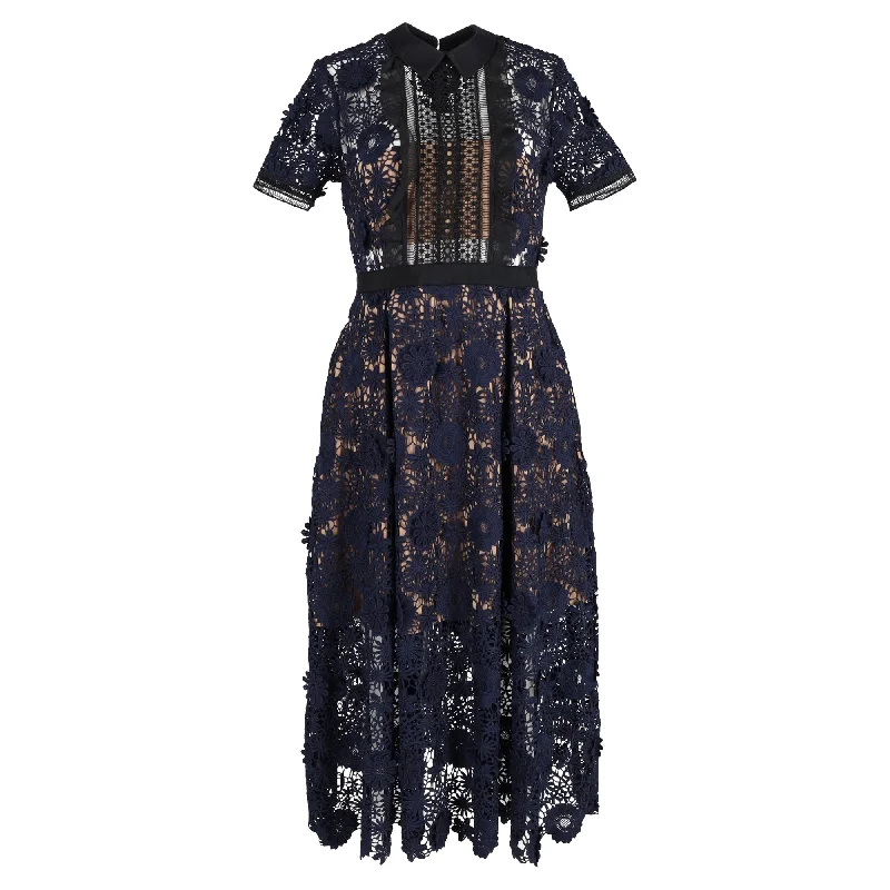Huge Discounts Self-Portrait Camilla Chiffon Midi Dress in Navy Blue Polyester