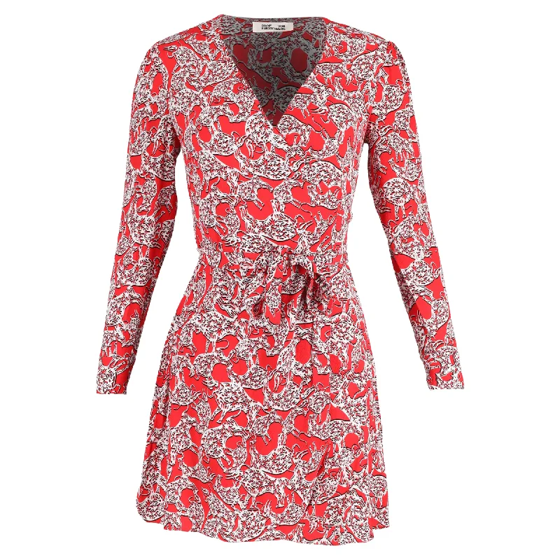 Closeout Diane Von Furstenberg Printed Saville Faux-Wrap Mini Dress in Red Viscose