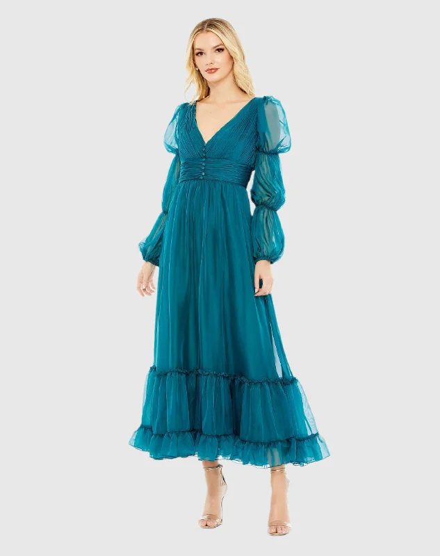 Special Offer Teal Chiffon Ruched Tiered Puff Sleeve A Line Dress