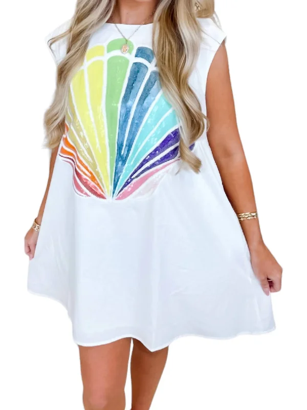 Savings Bonanza Rainbow Shell Tank Dress In White