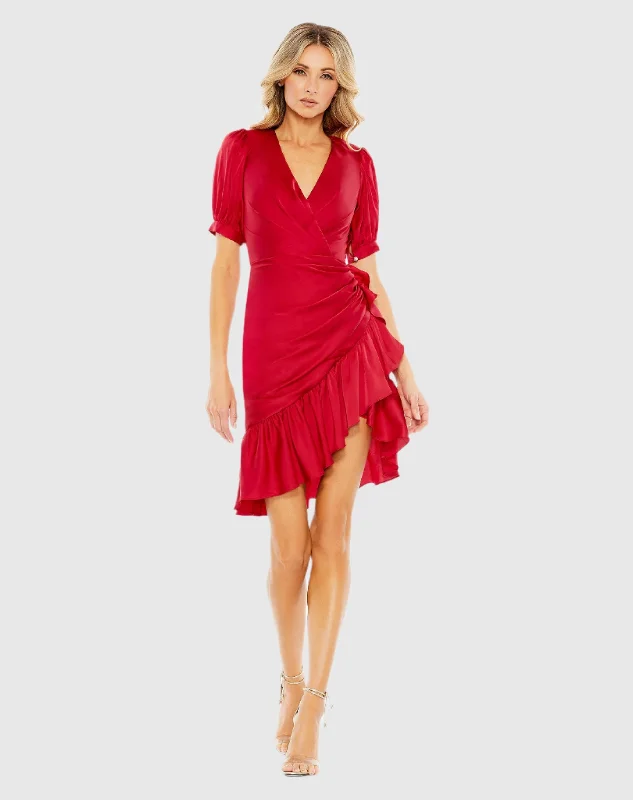 Don’t Miss Out Short Puff Sleeve Faux Wrap Mini Dress