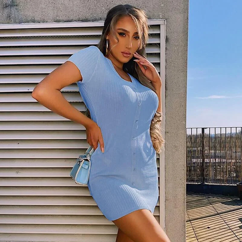 Savings Bonanza Sky Blue Ribbed Button Bodycon Short Dress