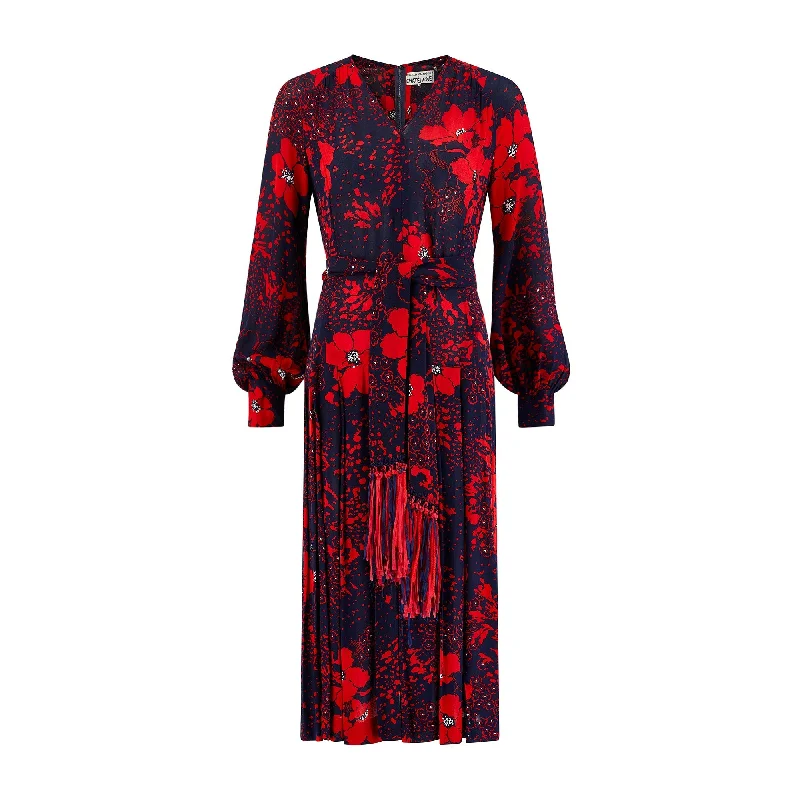 Closeout 1970s Donald Campbell Navy and Red Floral Silk Dress with Scarf